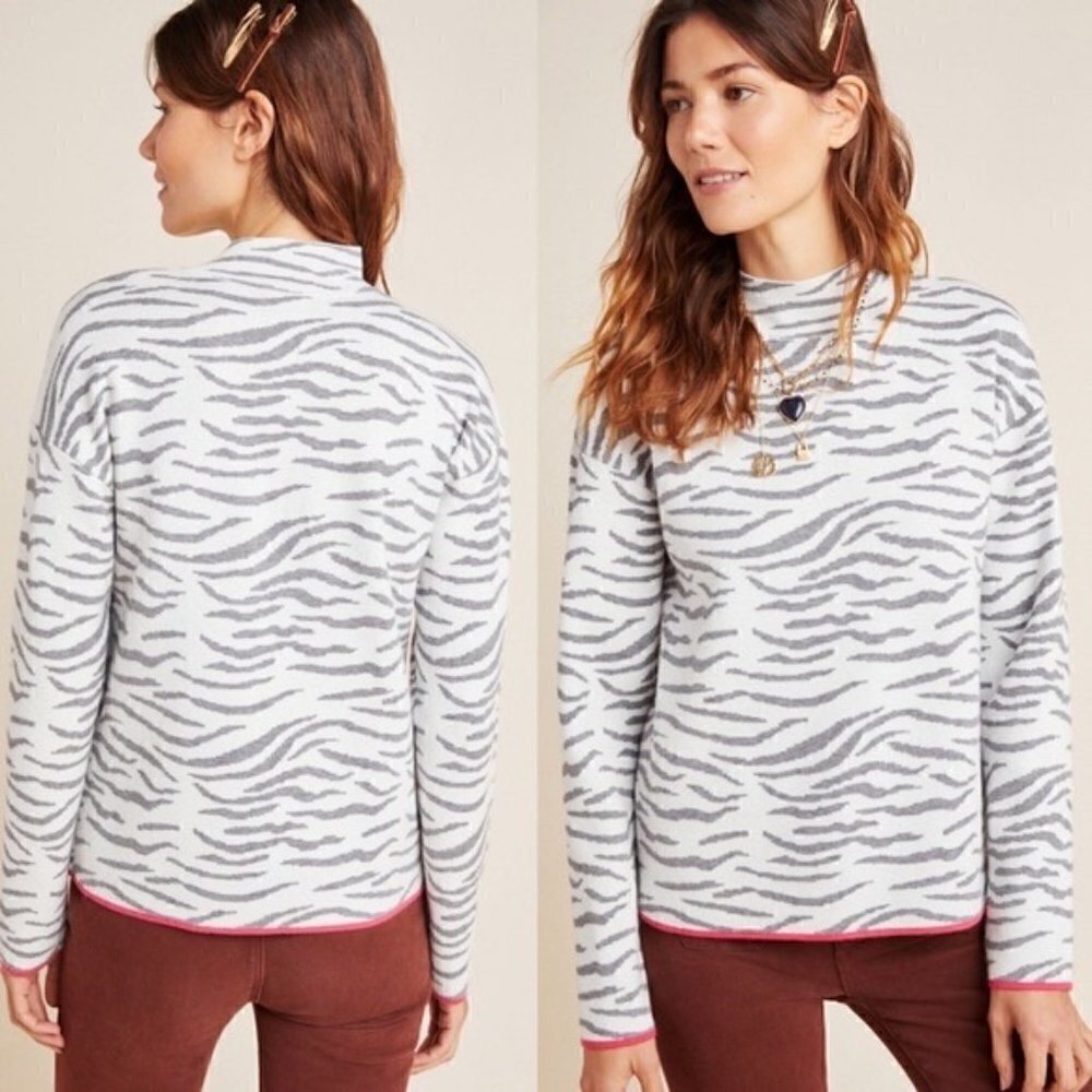 Anthropologie Lizzie Zebra Mock Neck Knit Sweater Top Long Sleeve, Large